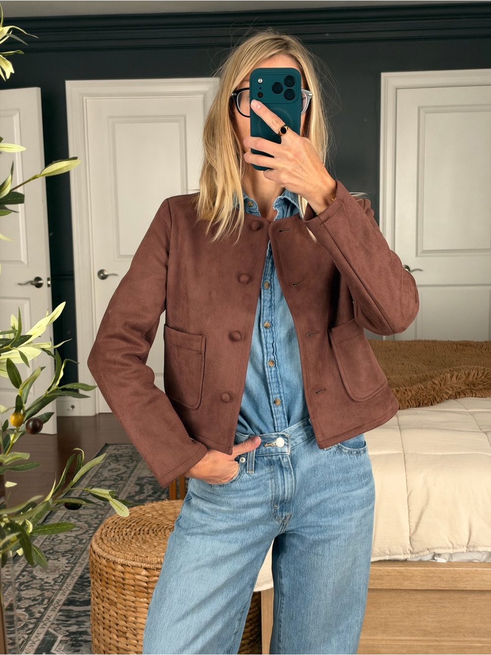 Brown Women's Faux Suede Short Button-Front Jacket XS